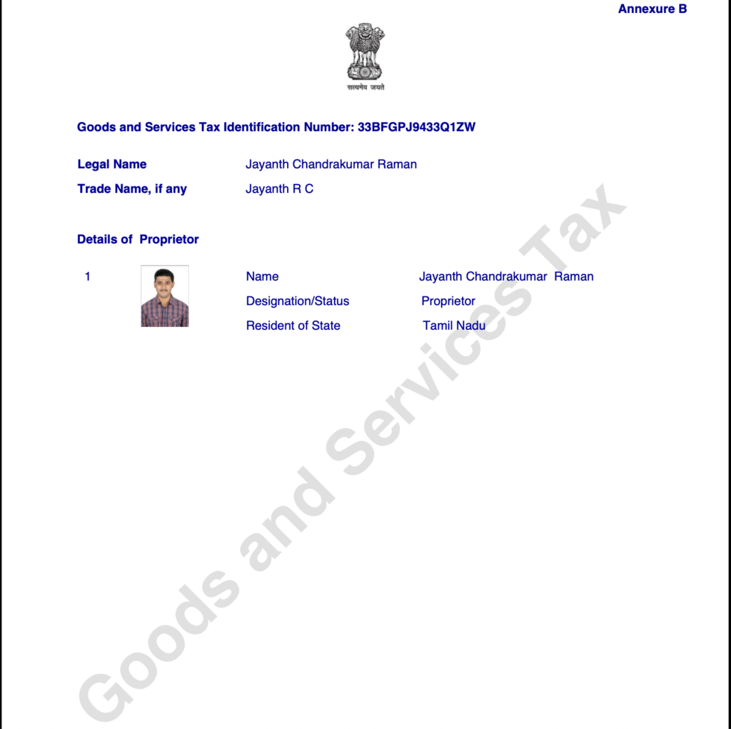GST Certificate Jayanth R C